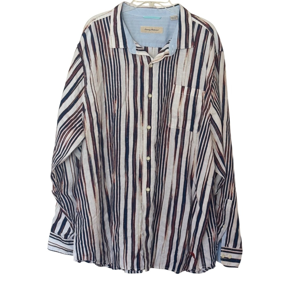 Tommy Bahama Button Front Shirt White Navy Red Striped 100% Linen Mens XXXL